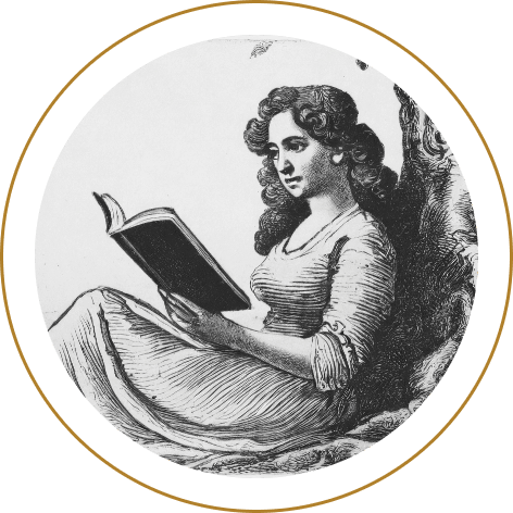 A pencil drawing of a woman from around the 16th century sitting against a tree reading a book. The image is round with a gold border.