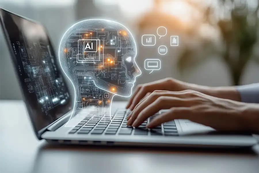 a closeup of a person's hands typing on a laptop. Coming out of the keyboard are graphics symbolizing AI including a human head created out of the inside of a computer, a search icon and chat bubble